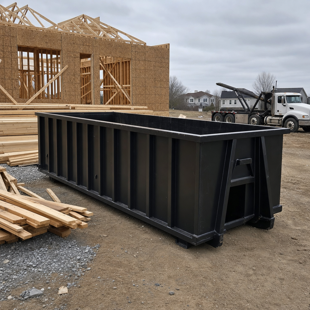 Matte-black 40-yard roll-off dumpster staged on a framed-out residential construction site in West Jordan, framing lumber stacked nearby, hooklift delivery truck visible in the background under bright Colorado daylight