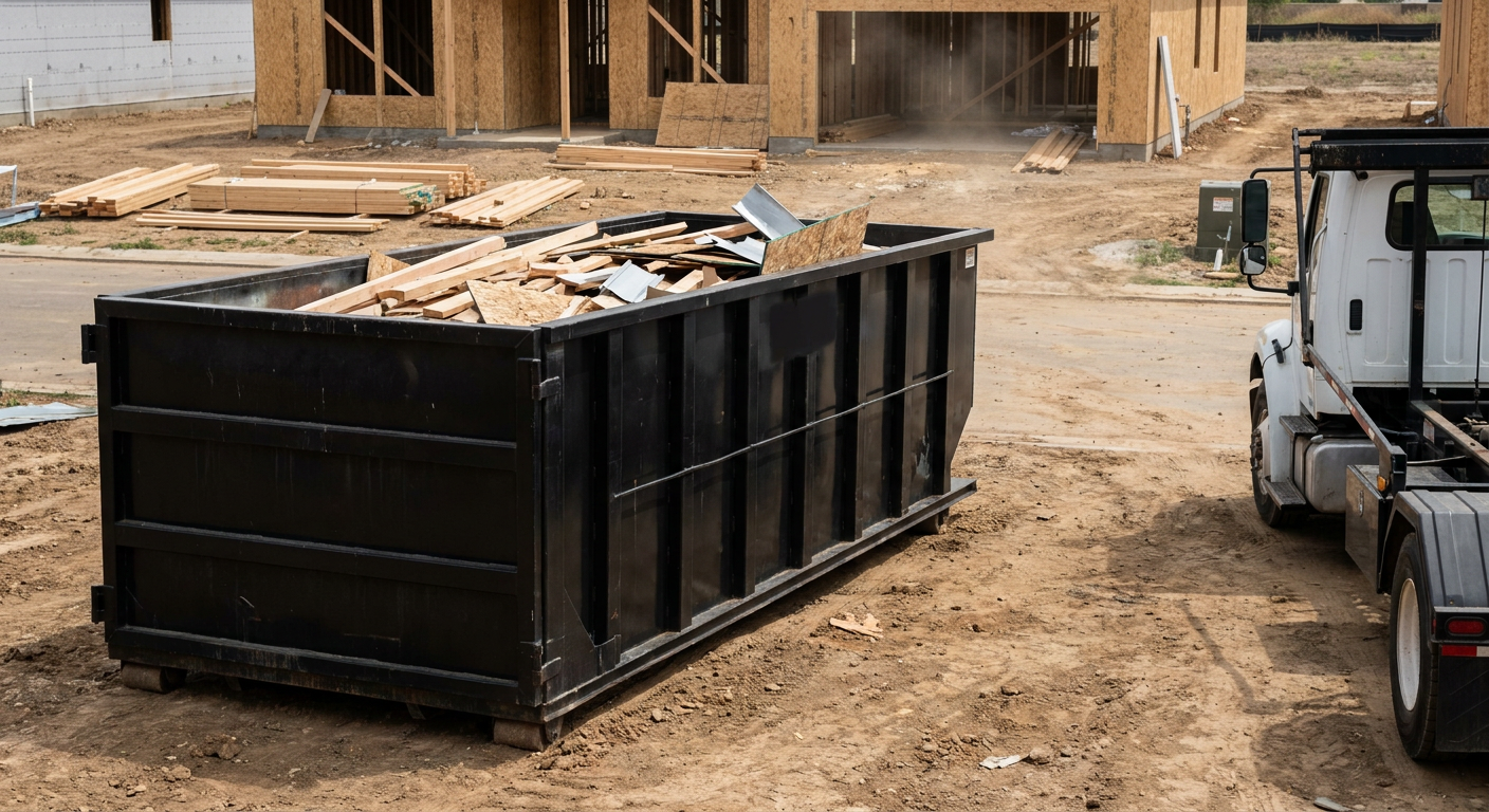 Matte-black 20-yard roll-off construction dumpster with heavy ribbed steel sidewalls and swing rear doors at a working jobsite in West Jordan, sitting directly on compacted dirt with an unmarked white hauler partially visible at the far edge of the frame.