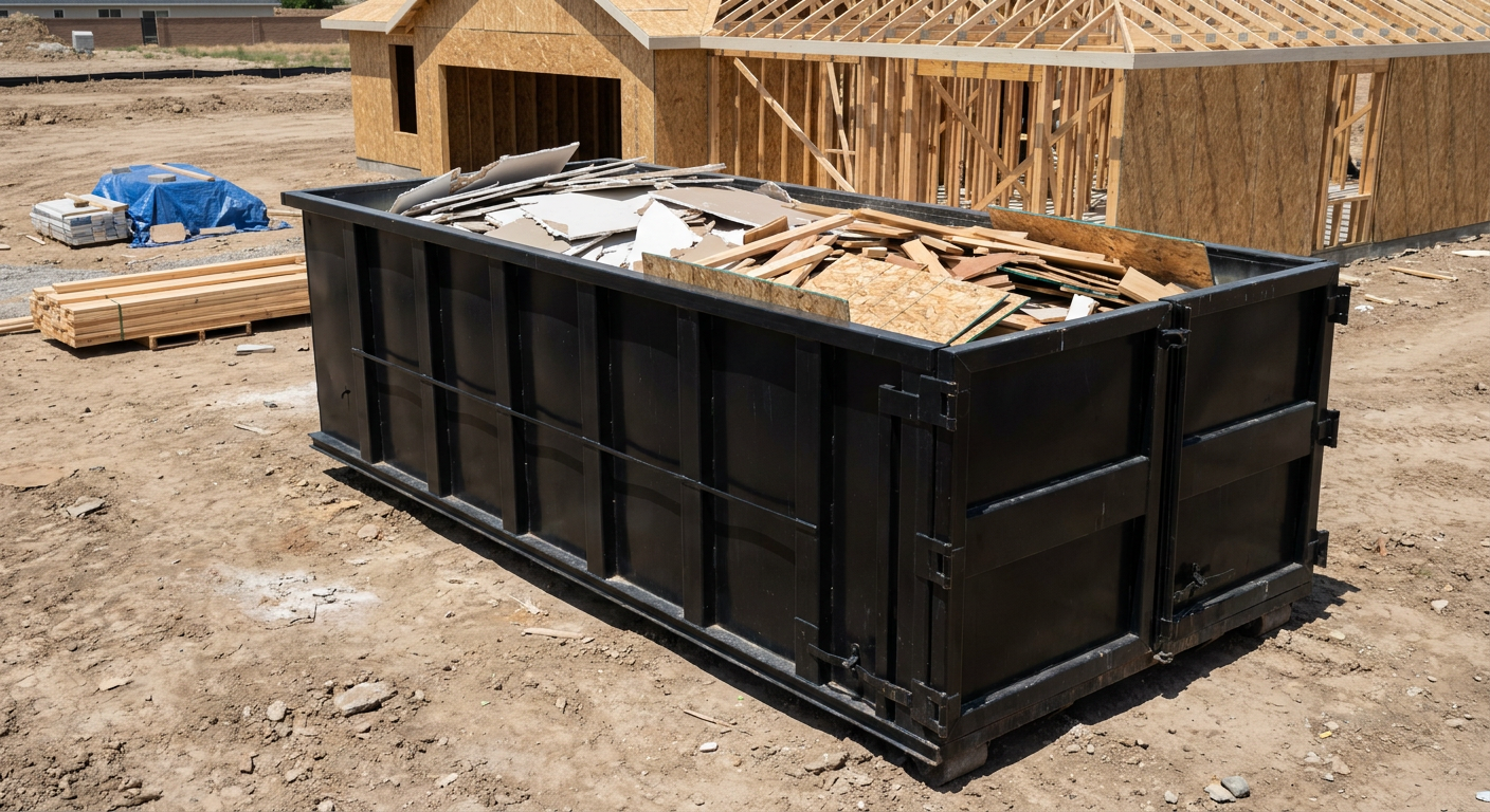 Matte-black 30-yard roll-off construction dumpster sitting directly on the compacted-dirt site of a framed single-family home build in West Jordan, drywall and lumber scrap loaded inside.