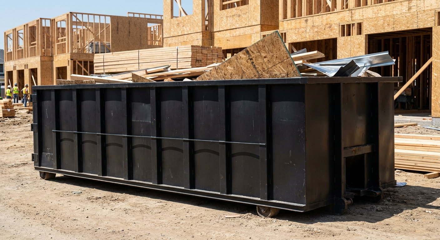 Matte-black 40-yard roll-off construction dumpster being lowered from a white-cab hooklift delivery truck onto the compacted-dirt jobsite at a commercial build site in West Jordan