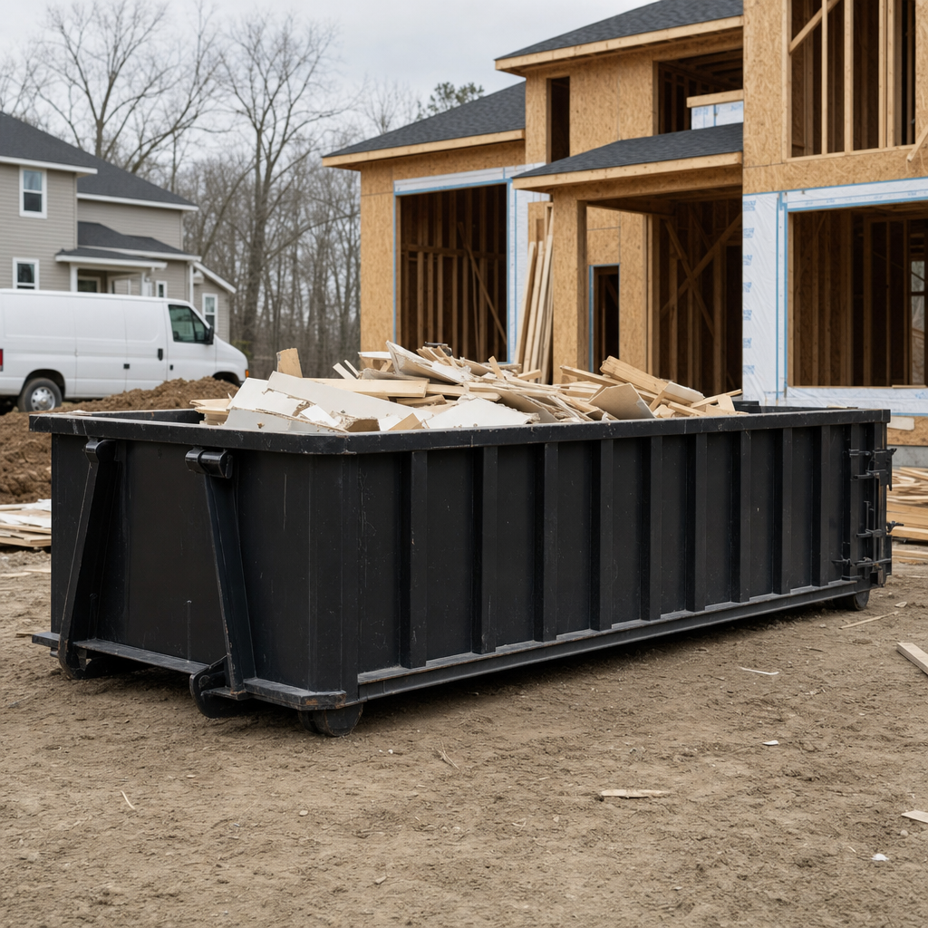 Worker in a yellow high-visibility vest tossing framing lumber and broken drywall into a matte-black 30-yard construction roll-off dumpster on an active build site in West Jordan, bright daylight