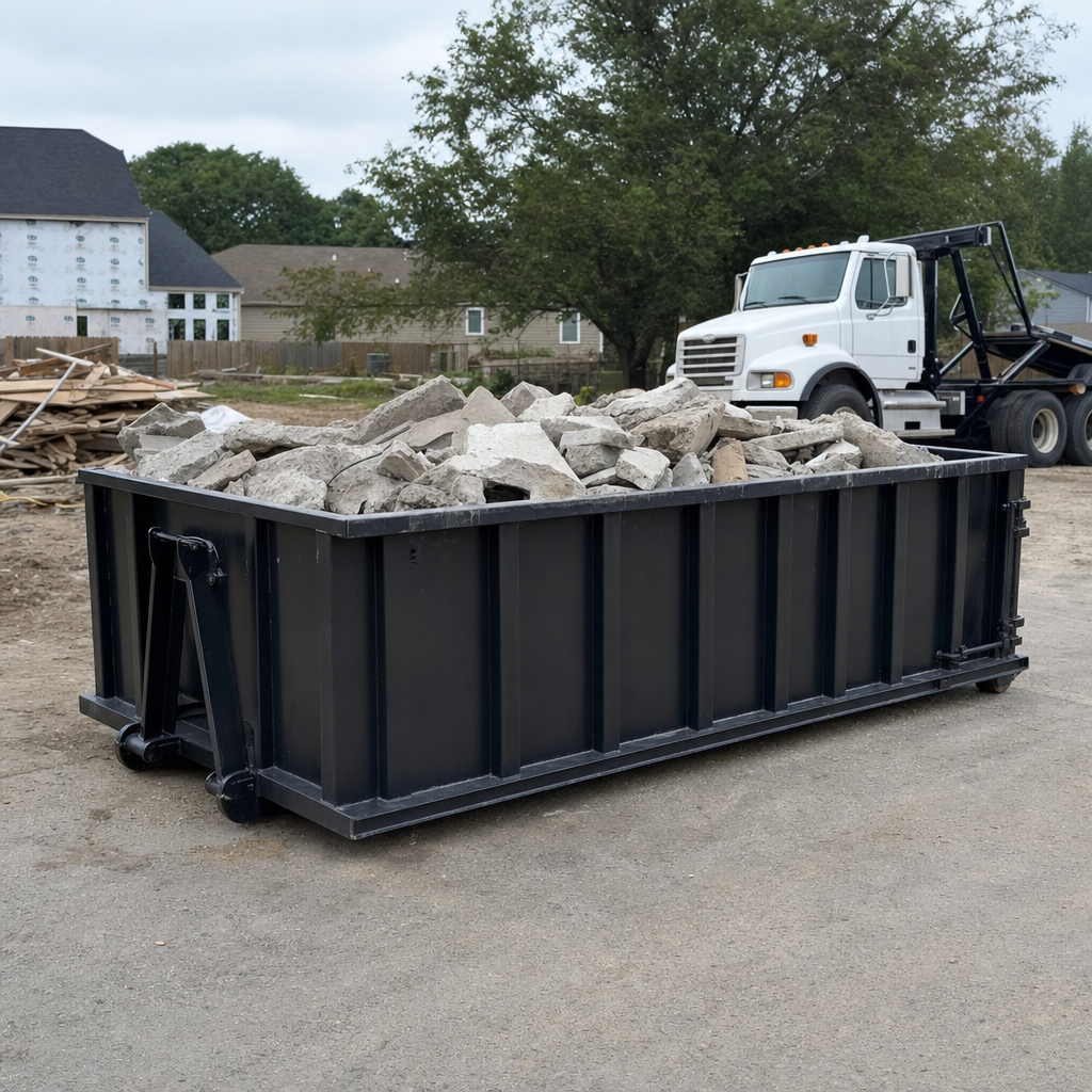 Low-profile matte-black lowboy roll-off dumpster loaded with broken concrete slab and rebar at a foundation tear-out in West Jordan, skid steer parked beside it, sunny Colorado morning