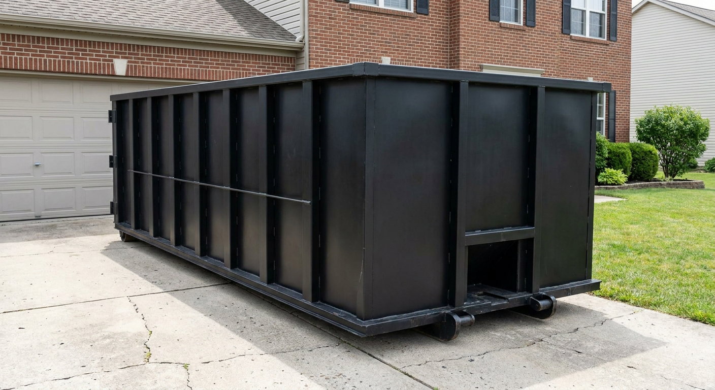 Matte-black 20-yard roll-off container on a West Jordan residential concrete driveway with reinforced ribbed steel sidewalls and a hinged rear walk-in door, clean bright daylight.
