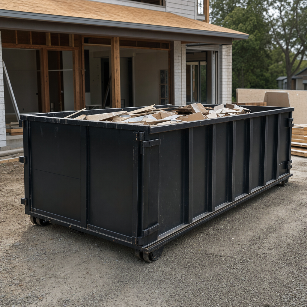 Large matte-black 30-yard construction roll-off dumpster at an active West Jordan jobsite, steel-gray top rails and bottom rollers visible, loaded with construction debris.
