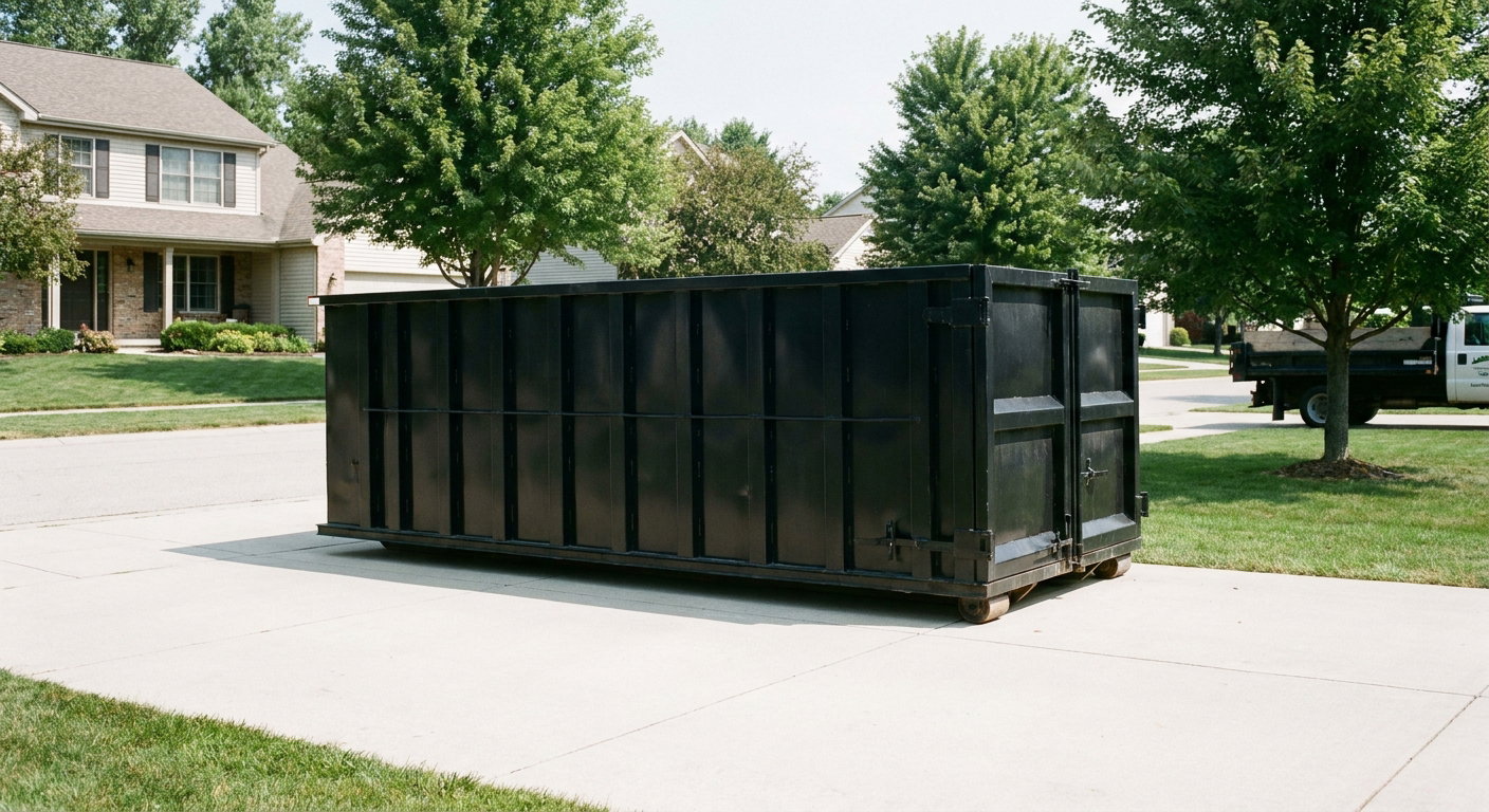 Matte-black 20-yard roll-off dumpster sitting level on a clean West Jordan residential concrete driveway under bright daylight, demonstrating clean placement directly on the concrete.