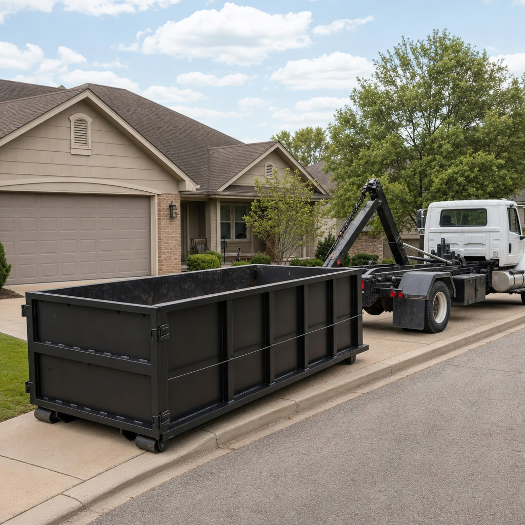 Wide documentary shot of a matte-black roll-off dumpster on a West Jordan residential driveway in the foreground and a contractor jobsite container in the soft-focus background, bright daylight, calm and orderly composition.
