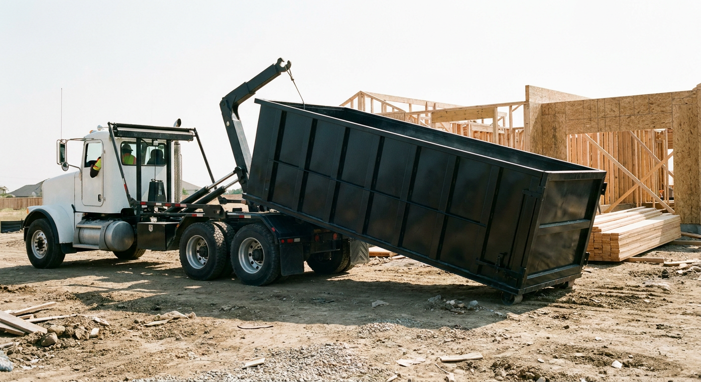Matte-black roll-off dumpster being delivered onto a clean residential concrete driveway in West Jordan by an unmarked white hooklift hauler truck, bright morning daylight, documentary 35mm perspective.