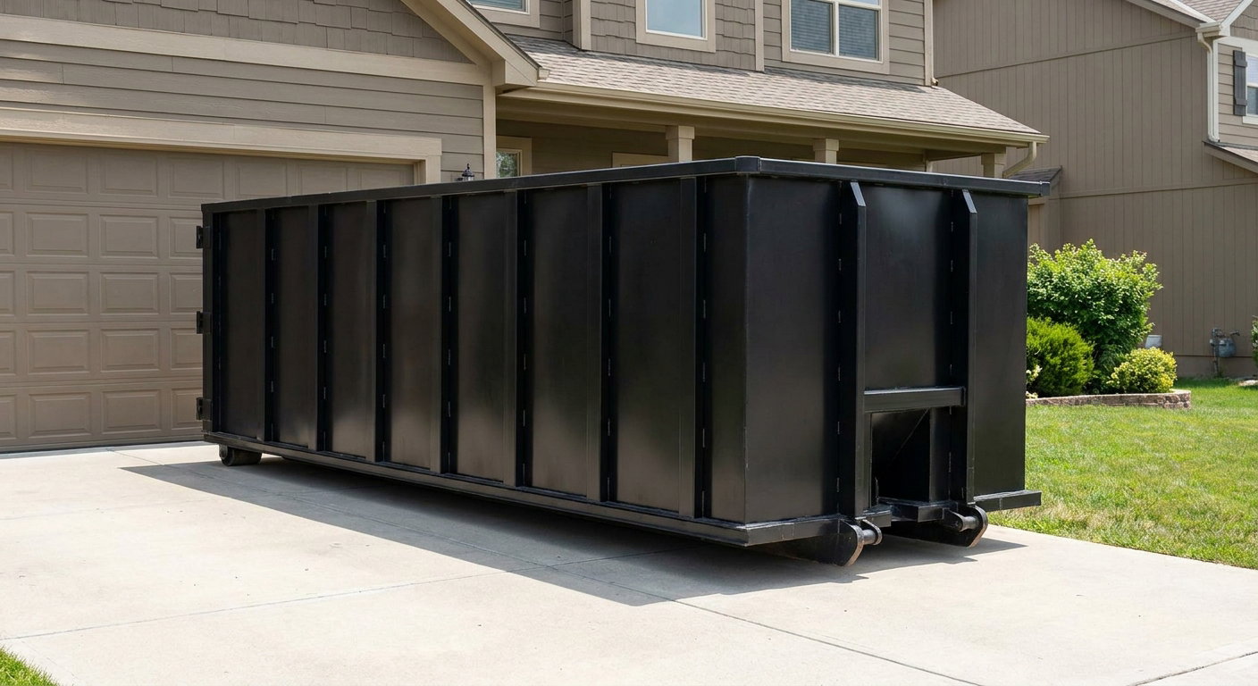 Matte-black residential roll-off dumpster sitting directly on a suburban West Jordan concrete driveway, garage door closed, single-family home in background, bright morning daylight.