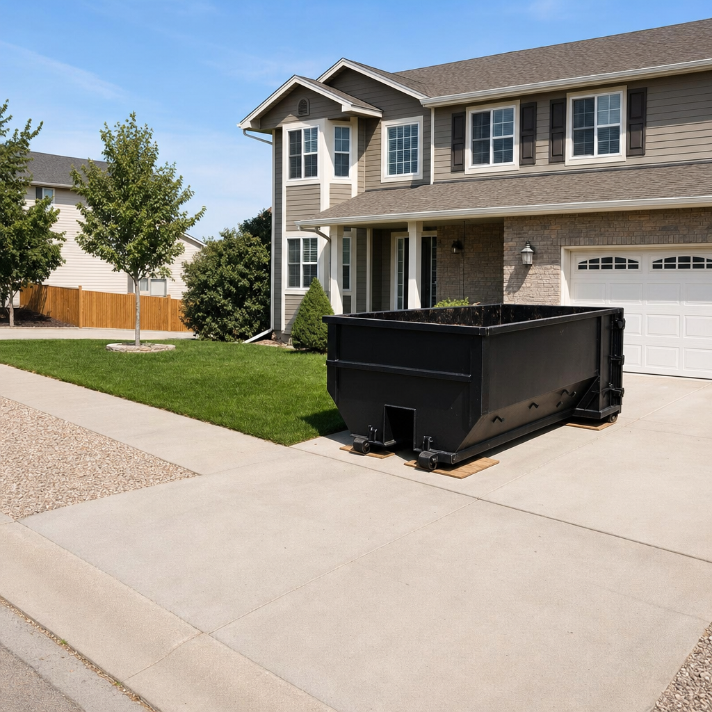 10-yard matte-black residential dumpster placed directly on a narrow West Jordan concrete driveway, room remains for a parked sedan beside it, mid-morning natural light