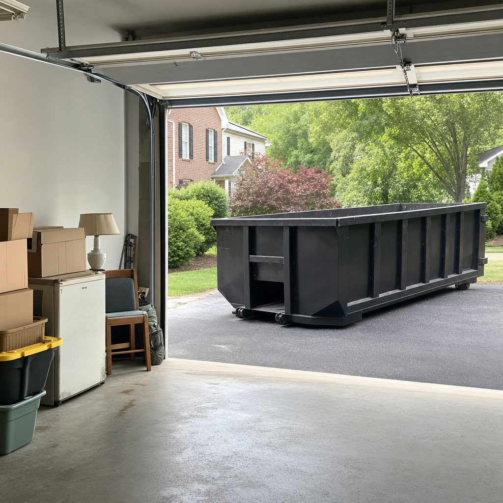 Open garage interior in a West Jordan home mid-cleanout — boxed items, an old appliance, and stacked yard tools queued near the driveway for a matte-black roll-off dumpster, organized and calm