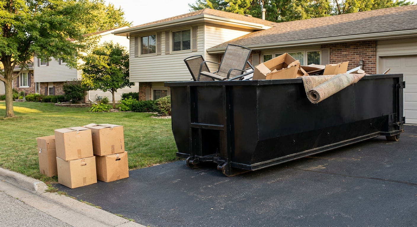Front-yard view of a West Jordan split-level home with a 20-yard matte-black roll-off dumpster sitting directly on the asphalt driveway, a few clearly labeled donation boxes staged at the curb, calm sunny afternoon.