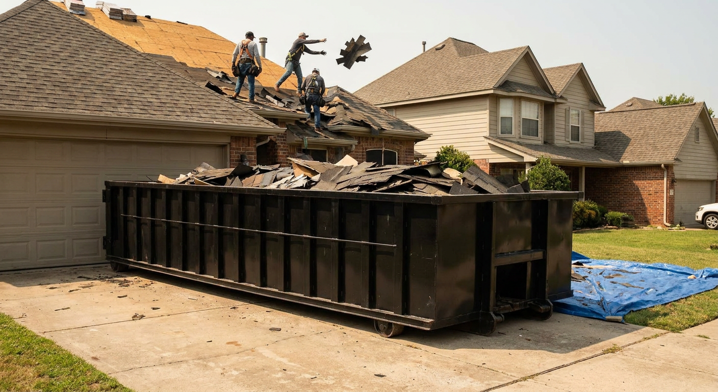 Matte-black roofing roll-off dumpster placed directly on a West Jordan residential concrete driveway, a tear-off crew on a two-story asphalt-shingle roof tossing shingle bundles into the low-walled container, bright daylight, documentary 35mm perspective.