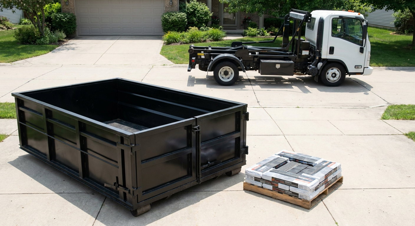 Matte-black 15-yard roofing roll-off dumpster with reinforced low side walls sitting directly on a West Jordan residential concrete driveway, three-tab asphalt shingle bundles stacked nearby, an unmarked white hauler truck partially visible at the edge of the frame.