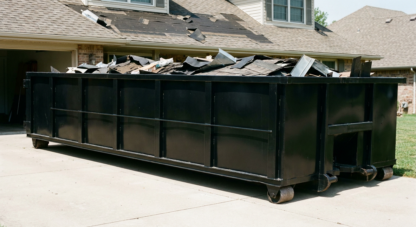 Matte-black 20-yard roofing roll-off dumpster with steel ribbed sides and swinging rear door, sitting directly on the concrete driveway of a two-story West Jordan home, asphalt shingle debris being loaded over the low wall, clean documentary lighting.