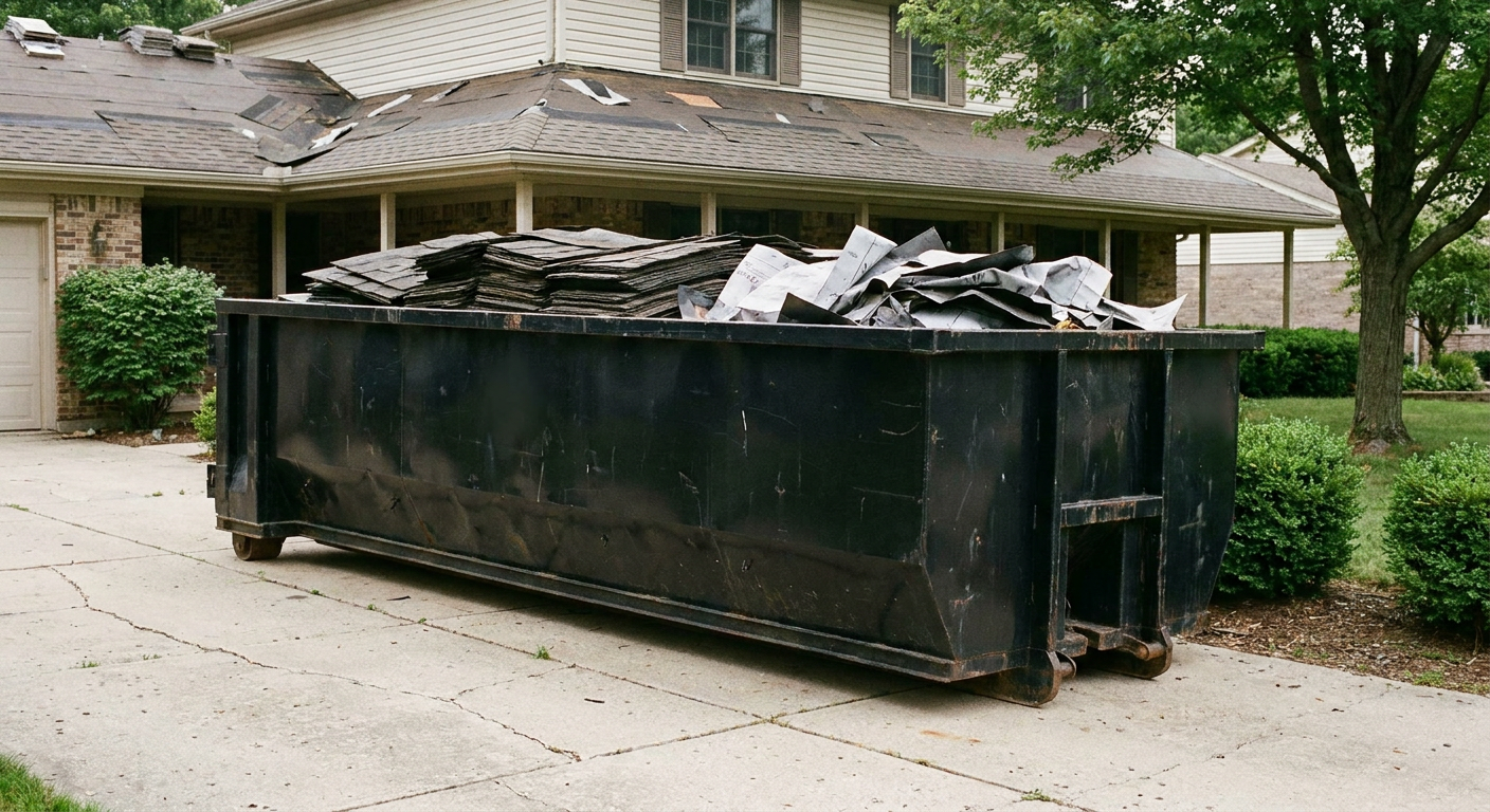 Matte-black 30-yard roofing roll-off dumpster sitting directly on a West Jordan concrete driveway, taller ribbed steel side panels, mixed tear-off debris of asphalt shingles and underlayment inside, professional documentary daylight.