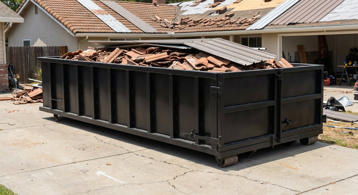 Matte-black low-wall heavy-debris roofing roll-off dumpster sitting directly on a West Jordan concrete driveway, broken concrete clay roof tiles and metal panel sections loaded inside, reinforced ribbed steel side walls visible, bright outdoor daylight.