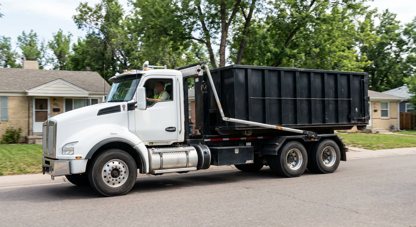 A wide documentary shot of a matte-black roll-off delivery truck pulling onto a quiet West Jordan residential street at mid-morning, with neighborhood rooftops and tree-lined blocks visible behind, showing the metro coverage footprint.