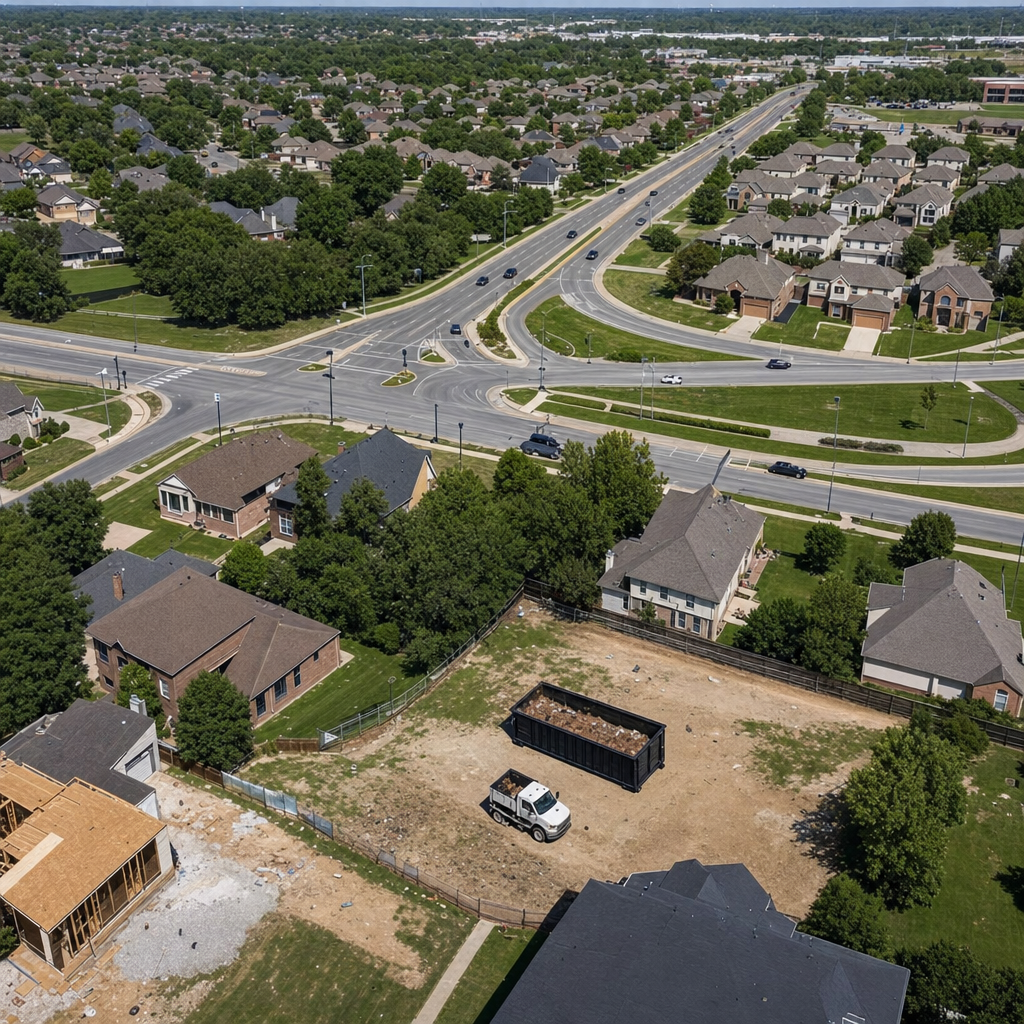 An overhead documentary view of the West Jordan metro area at midday, showing the spread of neighborhoods, arterial roads, and the dispatch radius from a central yard — clean daylight, organized geographic layout.