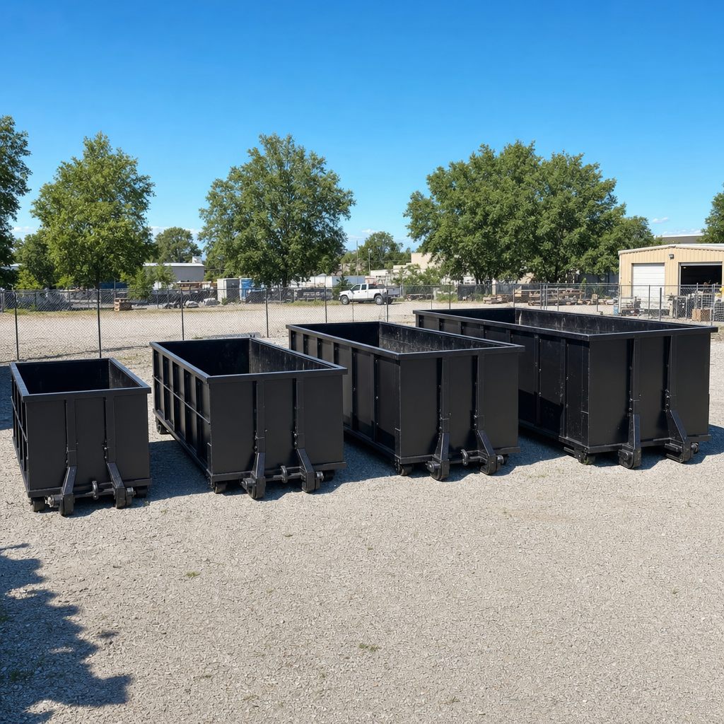 A clean lineup of matte-black roll-off dumpsters in 10, 20, 30, and 40-yard sizes staged on a sunlit gravel yard in West Jordan, showing the size progression from compact to commercial-scale containers.