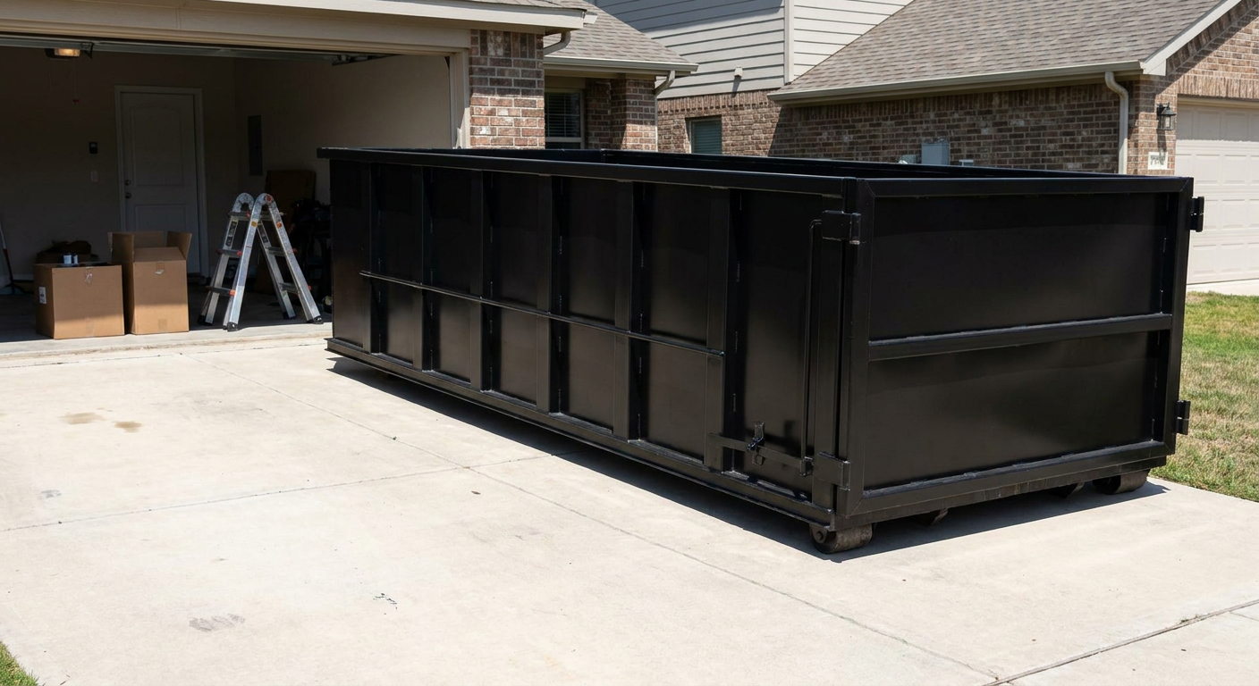 A matte-black 10-yard roll-off dumpster sitting directly on a residential West Jordan concrete driveway, mid-day sunlight, clean and ready for a garage cleanout.