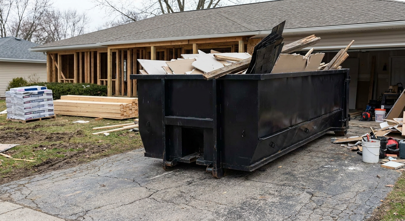 A matte-black 20-yard roll-off dumpster placed alongside a mid-renovation West Jordan home directly on the asphalt driveway, with framing materials and torn-off shingles staged neatly nearby.