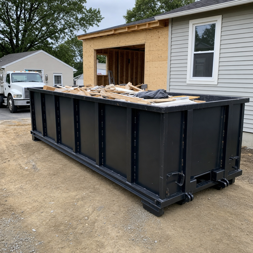A matte-black 30-yard roll-off dumpster positioned at a West Jordan residential addition jobsite, with framing lumber and drywall scraps loaded through the open swinging rear doors.