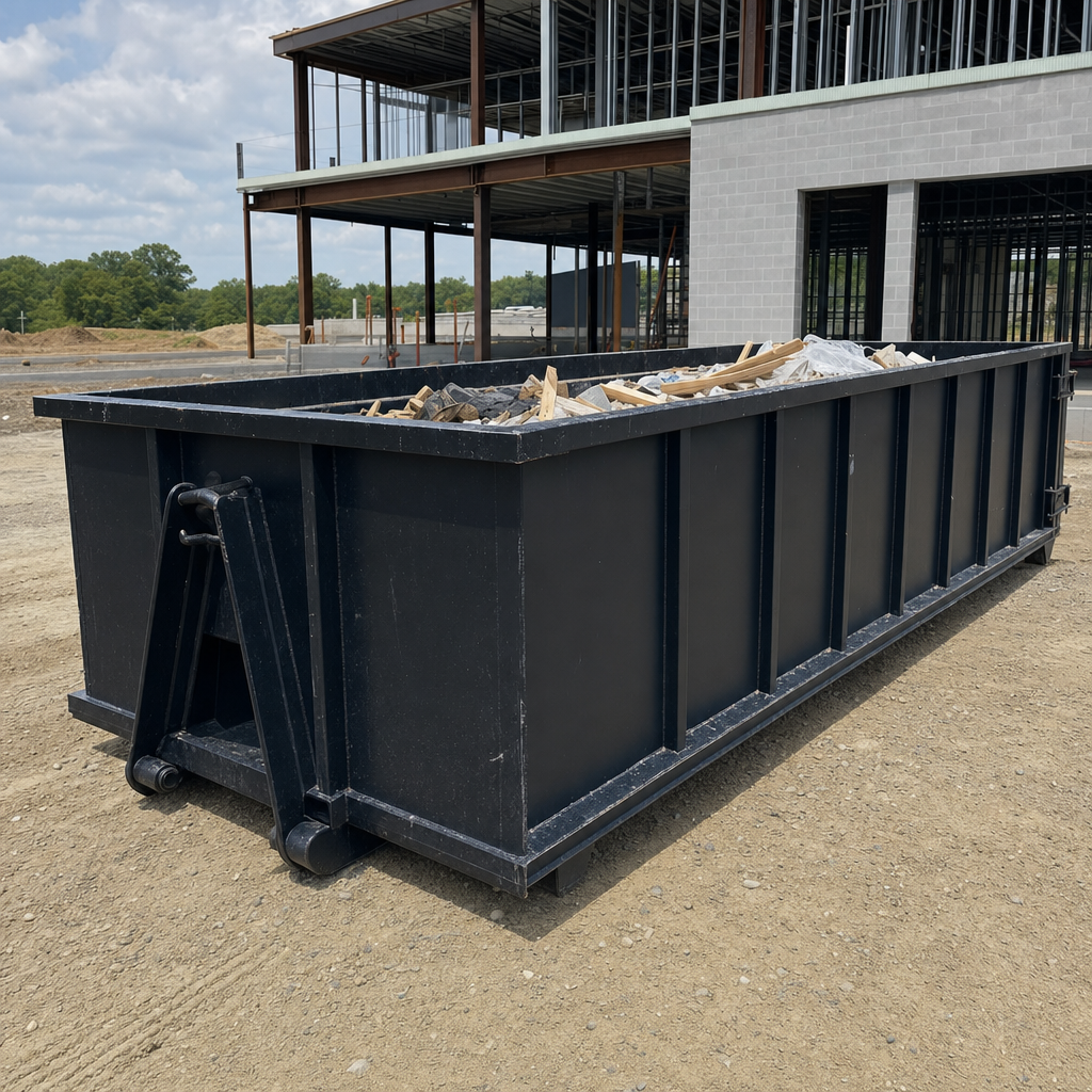 A matte-black 40-yard roll-off dumpster staged on a large West Jordan commercial construction lot, with a hooklift delivery truck parked alongside under bright midday sky.
