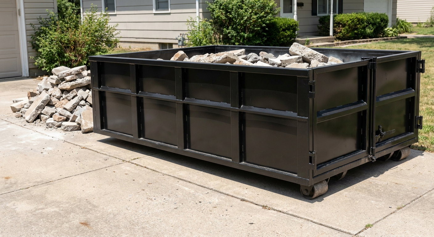 A matte-black low-side heavy-debris roll-off dumpster placed directly on a West Jordan concrete driveway, with broken concrete chunks neatly stacked beside it under clean daylight.